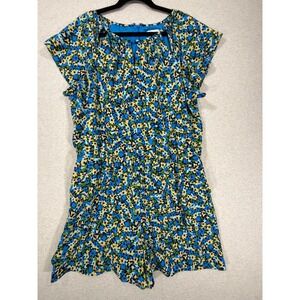 London Times Floral Romper Womens 16 Blue Yellow Excellent Flutter Sleeve Zip